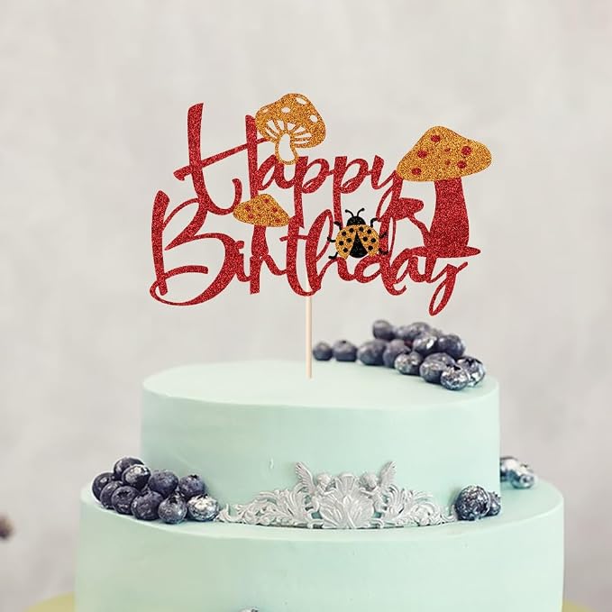 Mushroom Happy Birthday Cake Topper，Forest Theme Party Decoration，Happy Garden Party/Mushroom Theme Cake Topper Decoration Supplies (Mushroom1)