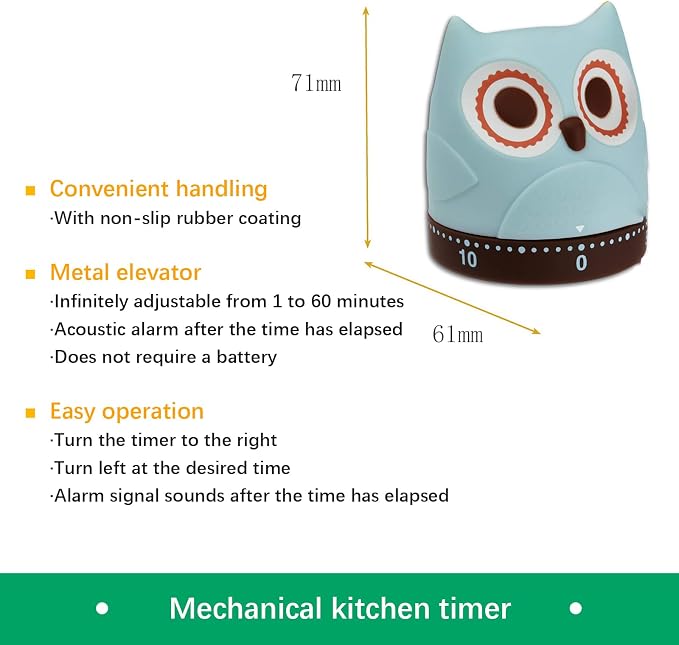 Mechanical Kitchen Timer, Cute Wind Up 60-Minute Manual Countdown for Kids, Classroom, Home, Study and Cooking