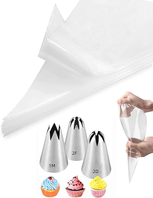 1M 2D 2F Piping Tip Set,3 Pcs Large Decorating Tips with 20 Pcs Disposable Icing Bags 12inch for Cake Cupcake Decorating