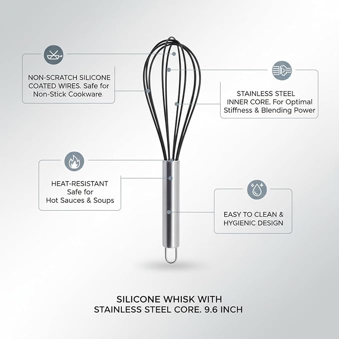 Effortless Mixing Whisk with Silicone-Coated Wires, Stainless Steel Core for Non-Stick Cookware, 9.6 Inch Baking Tool