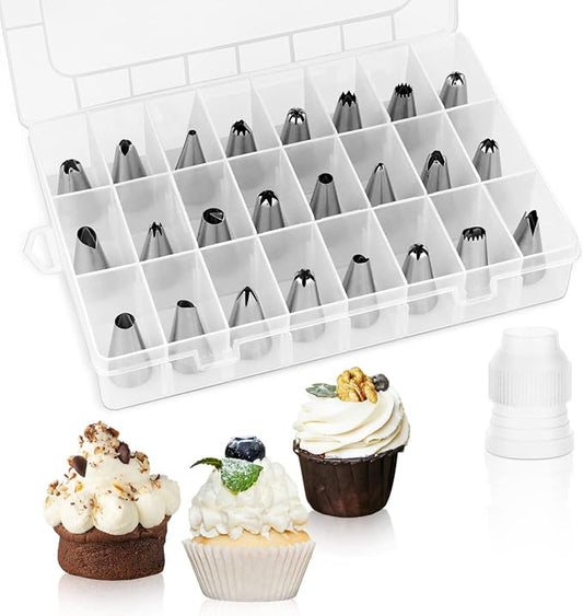 24 Piece Piping Tips Set, Icing Piping Nozzles with Storage Box, Stainless Steel Nozzles Tip for Cake Decorating