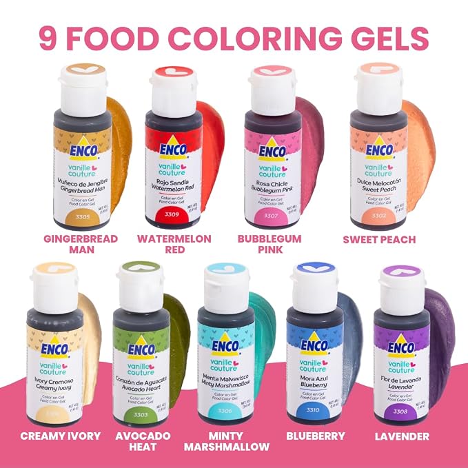 ENCO Yummy Collection 9 Food Coloring Gel Set 1.41 oz each (40 g) includes Cookie Decoration Guide