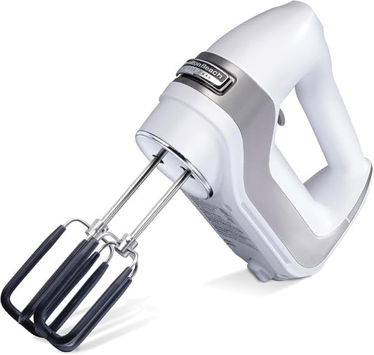 Hamilton Beach Professional 7-Speed Digital Electric Hand Mixer with High-Performance DC Motor, Slow Start, Snap-On Storage Case, SoftScrape Beaters, Whisk, Dough Hooks, White (62656)