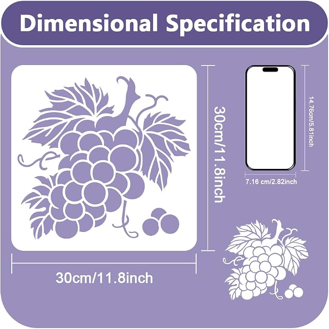 Grape Fruit Craft Stencil for Drawing 11.8 x 11.8 Inch Reusable Plastic Grape Stencil for Painting on Wood Wall Fabric Furniture, DIY Home Decor Craft Stencil