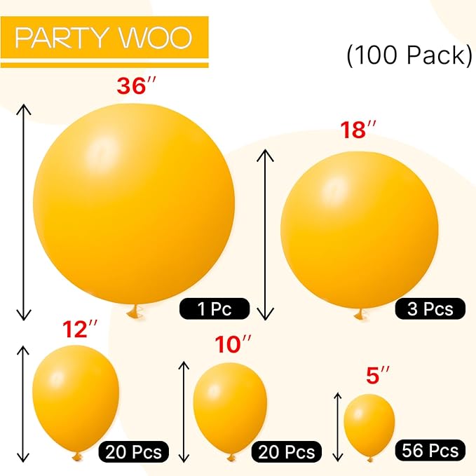 PartyWoo Mustard Yellow Balloons 100pcs Different Sizes of 36 18 12 10 5 Inch Yellow Fall Balloon Arch Kit for Birthday Engagement Baby Shower Bee Sunflower Little Cutie Party Decorations Yellow-Y10