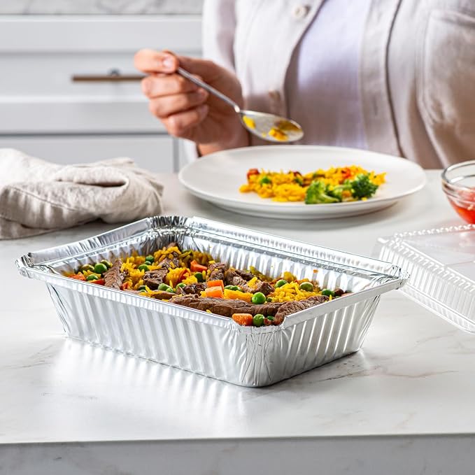 GUSTO 2 lb Disposable Aluminum Foil Takeout Pans with Clear Dome Lids, 8" x 5" – [50 Count], Ideal for Baking, Cooking, Food Storage & Freezing (Formerly Comfy Package)