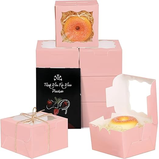 qiqee Pink Bakery Boxes with Window 100pcs 4x4x2.5 Mini Cookie Boxes Macaron Boxes Small Donut Pastry Boxes for Party