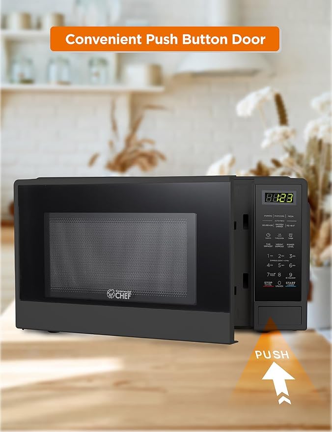 COMMERCIAL CHEF 1.1 Cu Ft Microwave with 10 Power Levels, Small Microwave with Push Button, 1100W with Kitchen Timer, Door Lock, & Digital Controls, Black