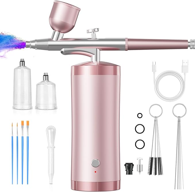 Airbrush Kit With Compressor 48PSI Rechargeable High Pressure Air Brush Set Cordless Airbrush Kit with 0.3mm Nozzle for Painting,Nail Art, Cake Decor,Makeup,Modeling (Pink)