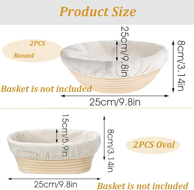 4 Pcs Banneton Proofing Liners,10 Inch Bread Basket Liner,Reusable Rattan Banneton Liner Cloth Cover for Bakery Home Baking,2 Round and 2 Oval Proofing Covers