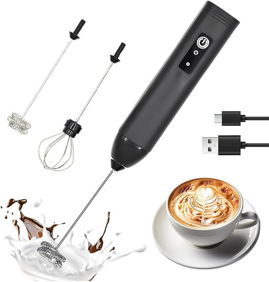 Rechargeable Milk Frother Handheld Electric Frother Wand Coffee Foam Maker with 2 Stainless Stee Whisks & 3 Speeds,Drink Mixer Handheld for for Latte, Cappuccino, Hot Chocolate, Matcha, Egg (Black)