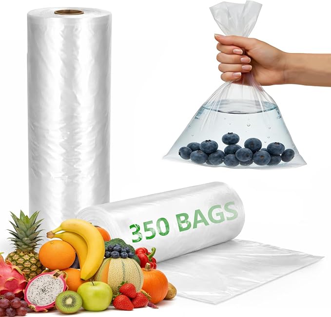 9527 Product 12" x 20" Clear Plastic Produce Bag, Food Storage Bag on a Roll, 350 Bags One Roll, Freeze/Heat Clear Bag for Bread, Meat, Vegetables, Fruits