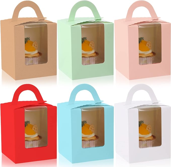 Ctosree 60 Pcs Individual Cupcake Boxes Single Colourful Cupcakes Containers with Insert Window and Handle Kraft Cupcake Holders Portable Cupcake Carriers for Bakery Wedding Party Favor (6 Colors)