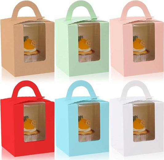 Ctosree 60 Pcs Individual Cupcake Boxes Single Colourful Cupcakes Containers with Insert Window and Handle Kraft Cupcake Holders Portable Cupcake Carriers for Bakery Wedding Party Favor (6 Colors)
