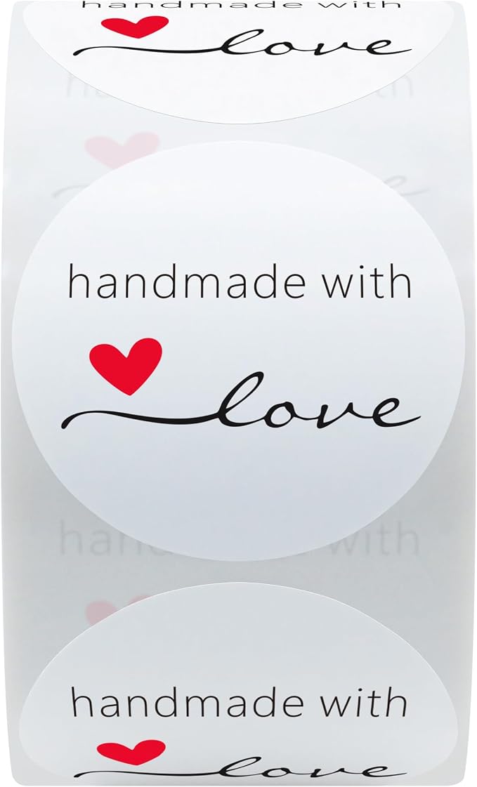 Hybsk Handmade with Love Stickers 1.5" Inch Round Total 500 Adhesive Labels Per Roll (White)