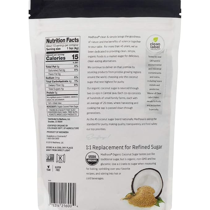 MADHAVA Organic Coconut Sugar (1LB, Pack of 6), Natural Sweetener, White Sugar Alternative for Baking and Cooking, Clean Coffee & Tea Sweetener, Vegan, Organic and Non-GMO