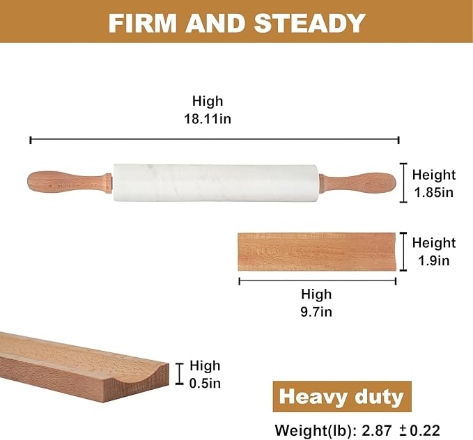 Koville Marble Rolling Pin, Non-Stick African Stone Polished Dough Roller