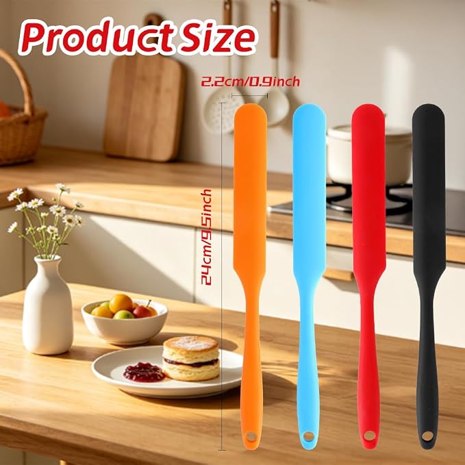 4 Pcs Silicone Jar Spatula, Long Handle Skinny Spatula Scraper for Jars & Bottles, Heat Resistant Small Spatulas Set for Kitchen Baking Sourdough Cake Makeup Essentials, Red+Black+Orange+Blue