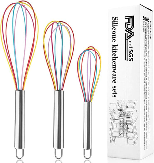 Silicone Whisk Set,Stainless Steel Handle Whisk 8" 10" 12" Rubber Whisks Cooking Non Scratch High Heat Resistant,Balloon Egg Beater for Whisking,Beating,Blending Ingredients,Mixing Sauces,Rainbow