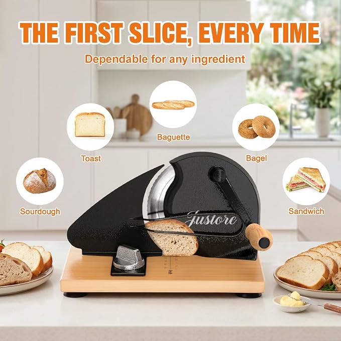 Upgrade Manual Bread Slicer for Homemade Bread, Sourdough Slicer with Hand Crank, Metal Guide Rail, Non-Slip Suction Base & Sharp Blade for Consistent Even Slices