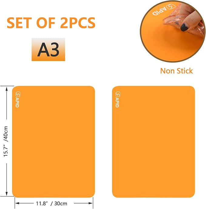 Sapid 2Pcs Thick Silicone Mat for Crafts, Nonstick Silicon Sheet for Epoxy Resin, Jewelry Mold Casting, Art Painting Mats, Food Grade Pastry Mat, Heat- Resistance Placemats (15.7"×11.8", Orange)