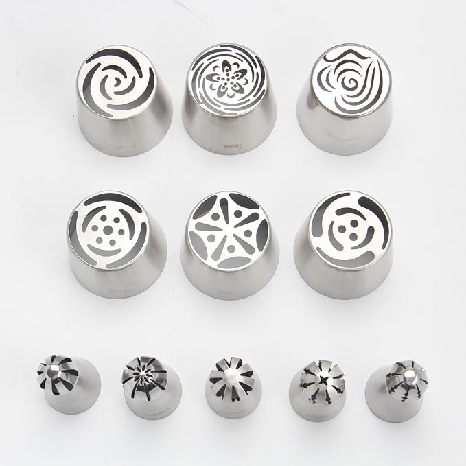 11Pcs Extra Large Russian Piping Tips Set, Stainless Steel Icing Nozzles for Buttercream Flowers 6 XXL and 5 Round Piping Tips for DIY Cookies Desserts Cake Decoration Baking Tools (11-Pack)