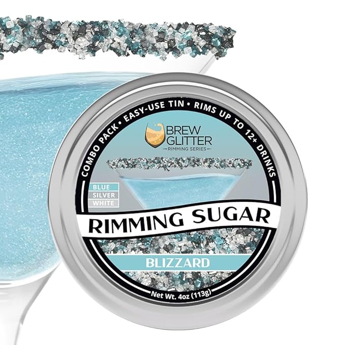 Brew Glitter Colorful Rimming Sugar Series - Blizzard (Blue, Silver & White) Cocktail Garnish for Mixed Drinks & Refreshments (4oz, 1x Bar Tin)