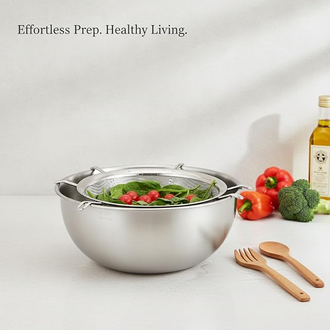 Stainless Steel Mixing Bowl Set with Nested Strainer, 2-in-1 Prep Basin for Washing, Draining, and Mixing
