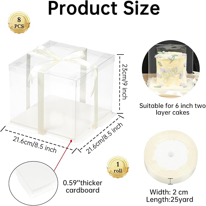 8 Pcs Clear Gift Box with Ribbon 2-Layer 8.5x8.5x9 Inch, Transparent Cake Carrier Box with Lids, PET Tall Cake Packaging Boxes, Clear Gift Boxes for Birthday,Wedding and Festival Party