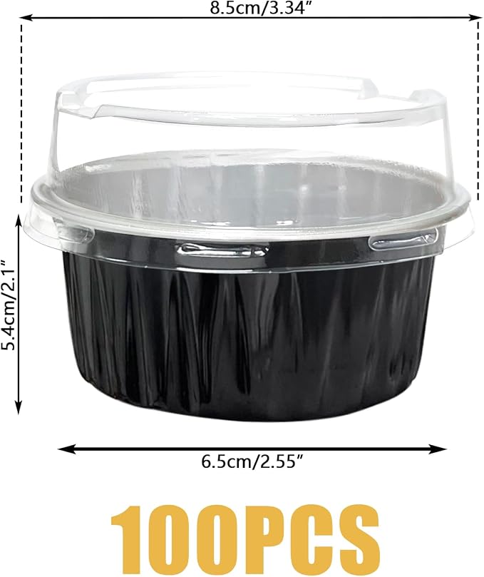 100Pcs Aluminum Cups with Lids,5oz Disposable Ramekin Baking Cups Muffin Liners Mini Pie Pans Foil Cupcake Containers for Christmas Party Wedding Party,Black