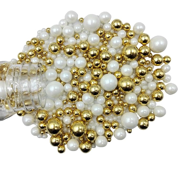 Edible Pearl Sugar Sprinkles White Gold Candy Mixing Size Baking Edible Cake Decorations Cupcake Toppers Cookie Decorating Celebrations Wedding Valentines Easter Halloween Christmas Supplies 120g/ 4.23oz