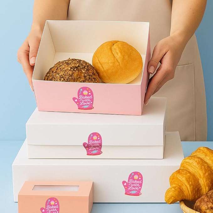 320 Pcs Baked with Love Stickers, Homemade Bakery Stickers Made with Love Sticker Self-Adhesive Gloves Labels for Packaging Bags Containers Businesses Gifts, 2 Inch