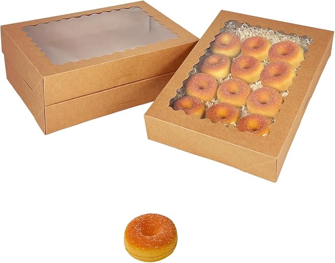 qiqee Auto-pop Up Brown Cookie Box with Window 16x10.5x2.5 Inch 24Pcs Bakery Pastry Macaron Bakery Box for Packaging