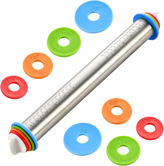Adjustable Rolling Pin 17” with 4 Thickness Rings for Baking, Stainless Steel Dough Roller with Clear Measurement for Pizza, Fondant, Pie, Cookies, Baking Supplies, Pastry, Pasta