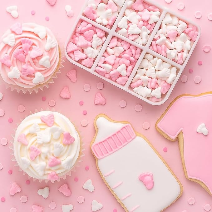Oasis Supply Baby Shower Sprinkles & Sugar Shapes – Edible Decorations for Cakes, Cupcakes, and Cookies – Gender Reveal, Boy, Girl, and Neutral Party Baking Decorations - Pink Baby Feet
