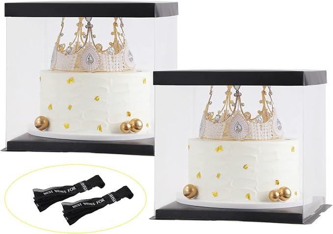 XININSUN 2Pcs Large Cake PET Clear Box, 10" X 10" X 9" with ribbon and pre-folded lid, for 8" cake packing carry, baking cookie display, Carry Tall Layer Gift, Festive Gift Box -Black