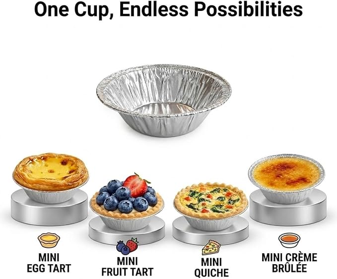 2.2" Mini Aluminum Foil Tart Pans (120 Pack), Small Baking Cups Disposable Foil Liners for Egg Tarts, Bitesize Mini Quiche, Flexible & Stackable