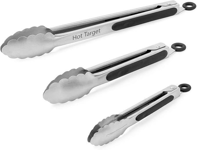 Set of 3: 7, 9, 12 inches, Heavy Duty, Non-Stick, Stainless Steel Silicone BBQ and Kitchen Tongs. Heat resistant up to 600°F (Silver)