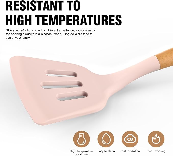 Silicone Cooking Utensils Set - AVGPD Silicone Kitchen Utensils for Cooking Wooden Handles, 446°F Heat Resistant Kitchen Utensil Spatula Sets, Gadgets for Non-Stick Cookware BPA FREE (Multicolour)
