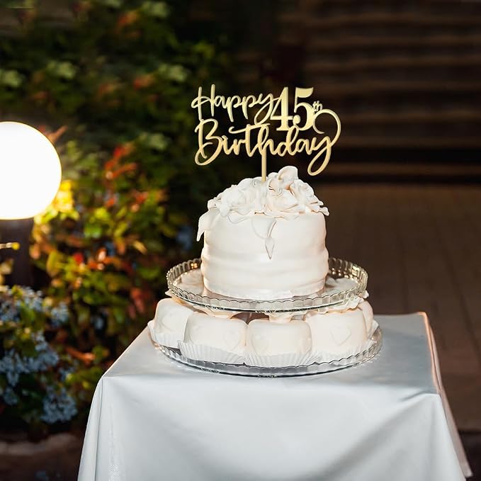 Happy 45th birthday cake Topper,Mirrored Gold Acrylic Durable Cake Topper,45th Birthday Party Cake Decorations,Hello 45th years old, Happy forty-five years old, Birthday Party Decorations