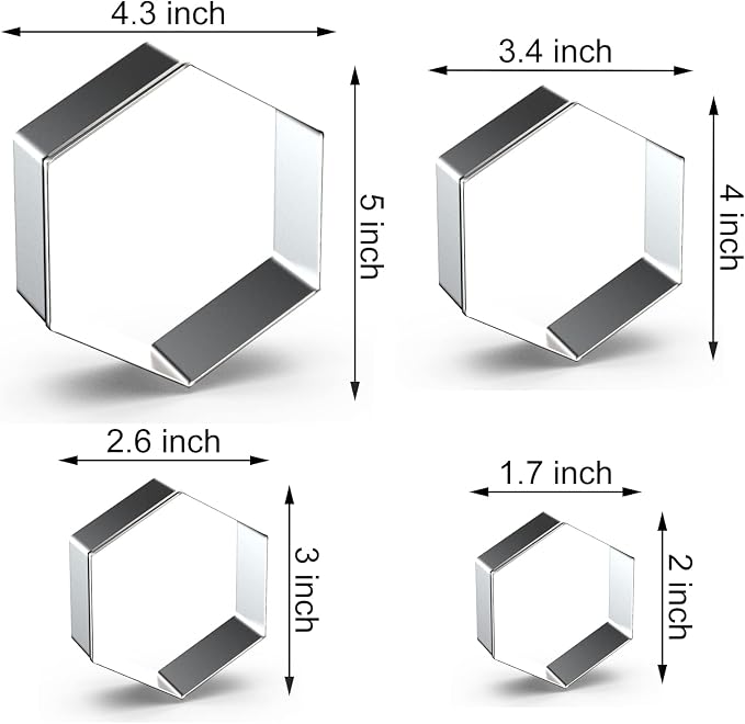 Hexagon Cookie Cutter Set Large - 5 Inch, 4 Inch, 3 Inch, 2 Inch - Honeycomb Geometric Frame Plaque Cookie Cutters Shapes Molds - Stainless Steel