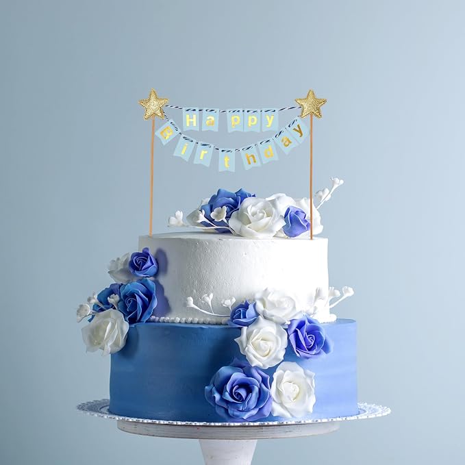 Gosknor Happy Birthday Flag Banner Cake Topper, Glitter Gold Star Blue Flags Birthday Cake Flag Decor for Party Decorations Supplies