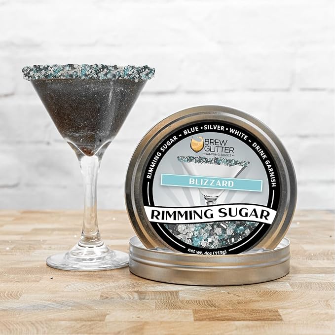 Brew Glitter Colorful Rimming Sugar Series - Blizzard (Blue, Silver & White) Cocktail Garnish for Mixed Drinks & Refreshments (4oz, 1x Bar Tin)