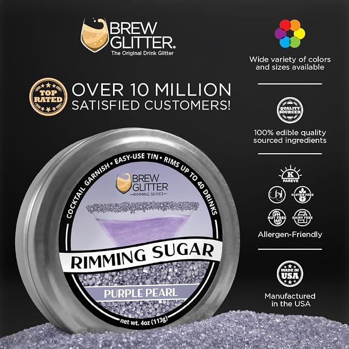 Brew Glitter - Purple Rimming Sugar (4oz, 1x Bar Tin) Cocktail Garnish for Mixed Drinks & Refreshments