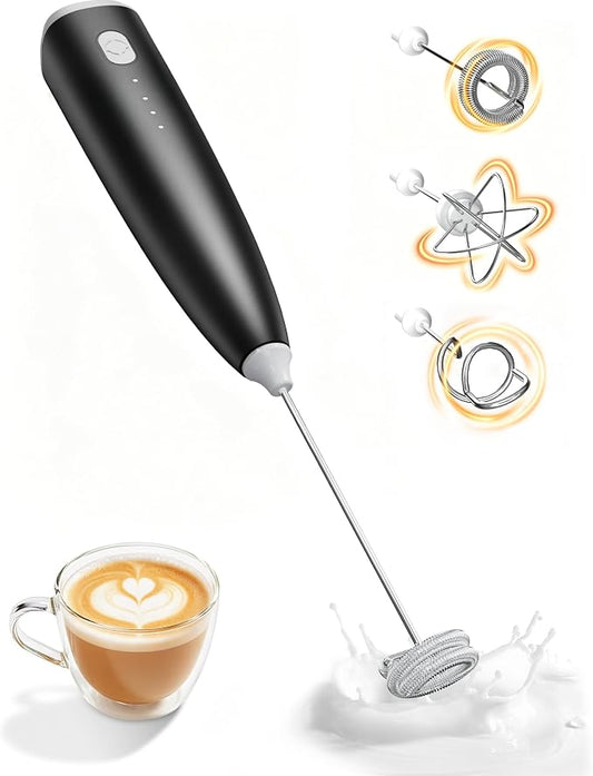Milk Frother Handheld,Portable Electric Drink Mixer/Wand,Egg Whisk-Black | USB C Rechargeable | 3 Adjustable Speeds | 3 Detachable Whisks | Quiet Operation | For Coffee, Latte, Matcha,protein powder