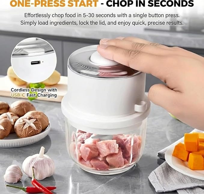 Electric Garlic Chopper, Mini Portable Chopper with Secure 6 Stainless Steel Blades & 350ML Glass Bowl, Cordless Mini Food Processor, 60+ Uses Per Charge for Kitchen, RV & Camping (White-B)