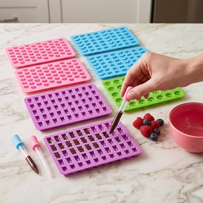 Limen 8Pcs Silicone Candy Mould Set with 2 Droppers, 4 Shapes Flexible Non-Stick Gummy Chocolate Trays for Dinosaur Bear Heart Donut Cookies Treats
