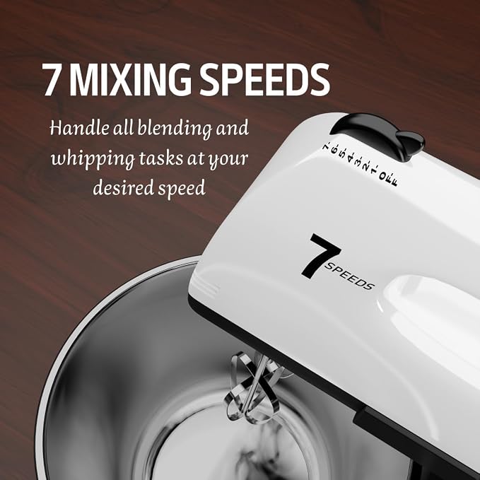 Stand Mixers, 7 Speeds With 3QT Stainless Steel Bowl, Stand and Hand Mixer with Dough Hook, Whisk, Mixing Beater for Baking, Cake, Cookie, Kneading (Stainless)