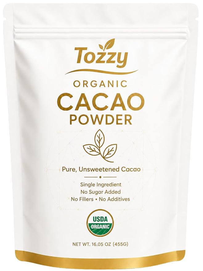 Tozzy Organic Unsweetened Cacao Powder, 1 lb (454 g) – Pure Single Ingredient, No Sugar Added, Rich Dark Chocolate Flavor for Baking, Smoothies & Hot Drinks