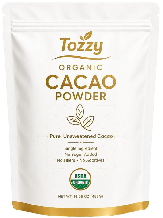 Tozzy Organic Unsweetened Cacao Powder, 1 lb (454 g) – Pure Single Ingredient, No Sugar Added, Rich Dark Chocolate Flavor for Baking, Smoothies & Hot Drinks